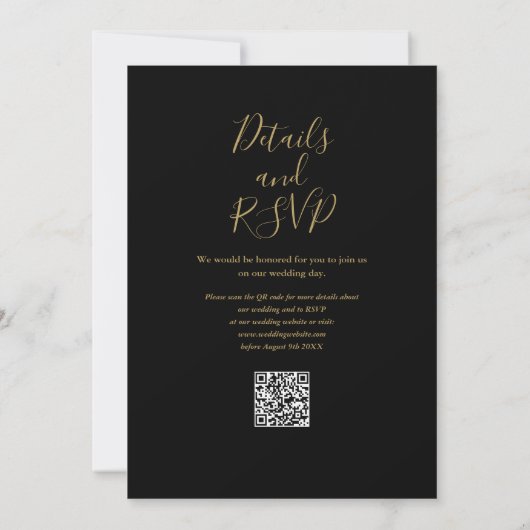 Invitation Mariage de code QR Floral Black and Gold (Dos)