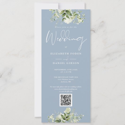 Invitation Mariage de code QR Floral Dusty Blue (Devant)