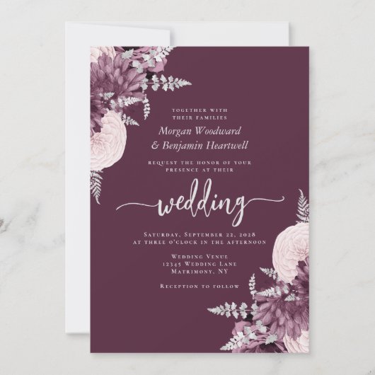 Invitation Mariage de code QR floral Mauve Silver (Devant)