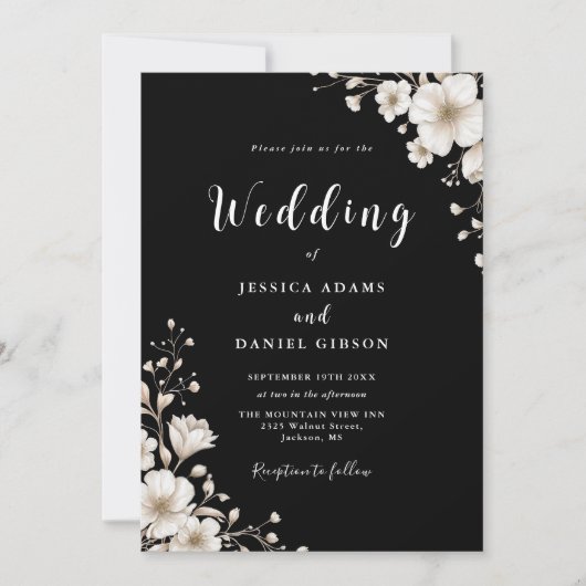 Invitation Mariage de code QR floral noir et blanc (Devant)