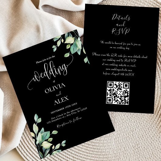 Invitation Mariage de code QR floral noir et blanc