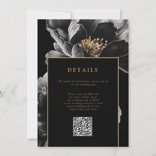 Invitation Mariage de code QR floral noir et or chic (Dos)