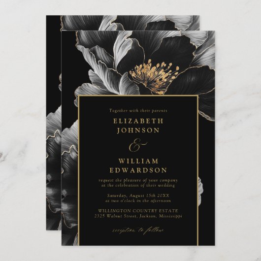 Invitation Mariage de code QR floral noir et or chic (Devant / Derrière)