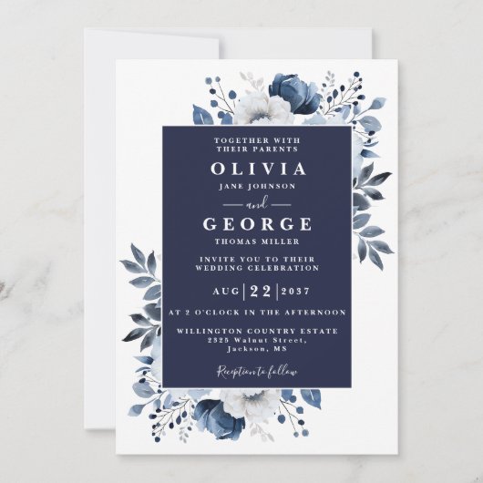 Invitation Mariage de code QR floral rustique élégant bleu ma (Devant)