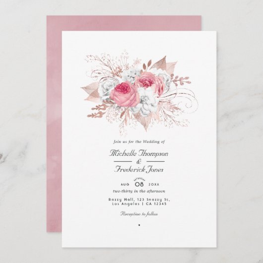 Invitation Mariage de code QR flush rose et Rose or (Devant / Derrière)