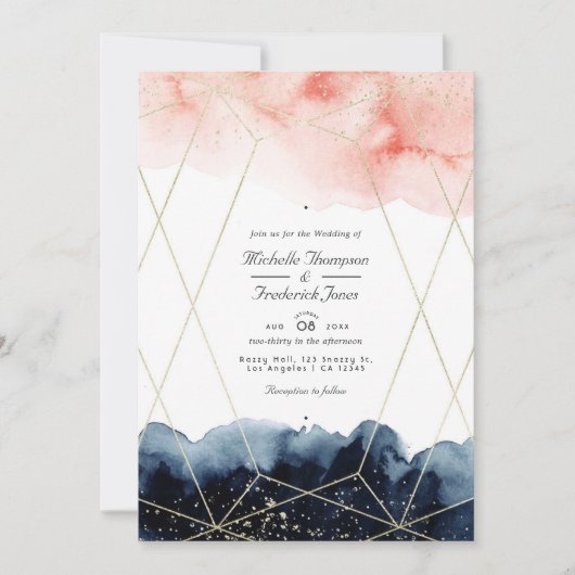 Invitation Mariage de code QR géométrique Marine & Blush Wate (Devant)