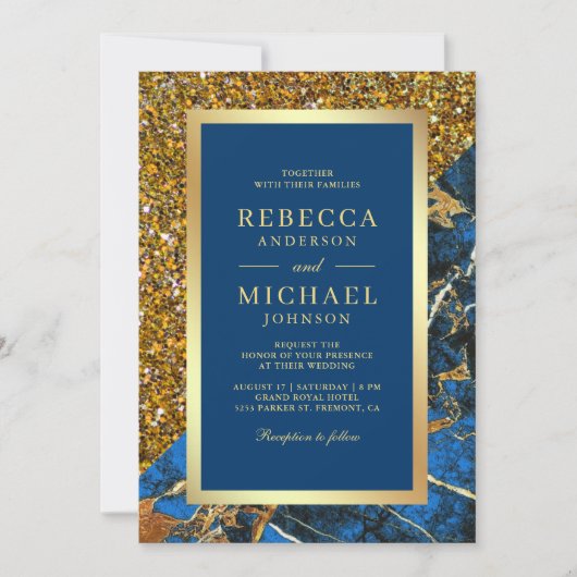 Invitation Mariage de code QR Gold Royal Blue Marble (Devant)