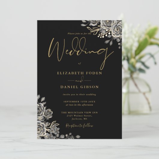 Invitation Mariage de code QR gothique noir et or (Debout devant)