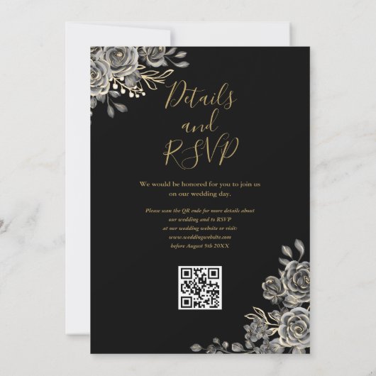 Invitation Mariage de code QR gothique noir et or (Dos)
