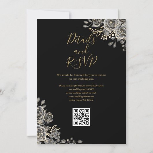 Invitation Mariage de code QR gothique noir et or (Dos)
