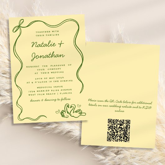 Invitation Mariage de code QR Jaune Bow Doodles Swans Whimsic