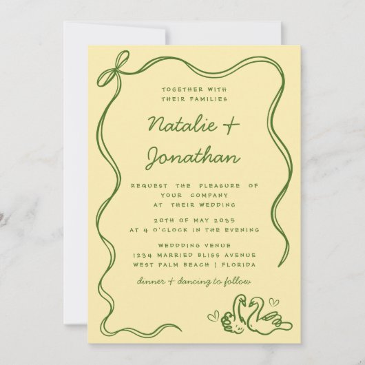Invitation Mariage de code QR Jaune Bow Doodles Swans Whimsic (Devant)