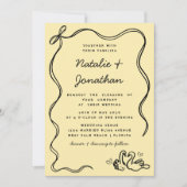 Invitation Mariage de code QR jaune noir rétro Doodles Swans (Devant)