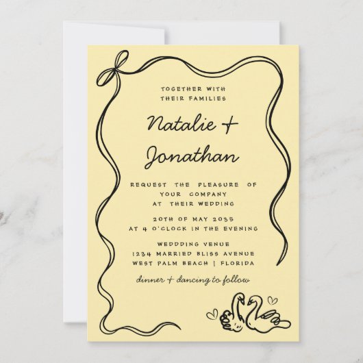 Invitation Mariage de code QR jaune noir rétro Doodles Swans (Devant)