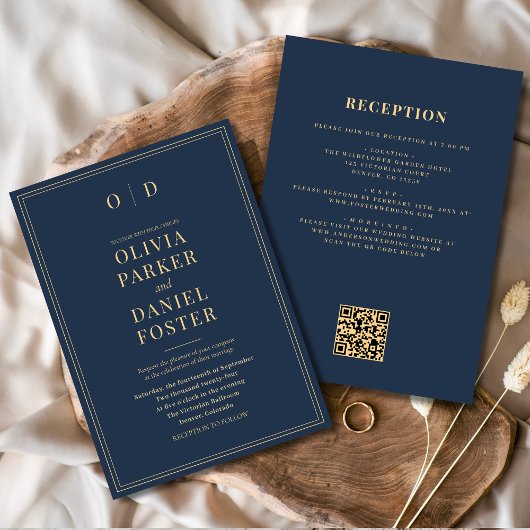 Invitation Mariage de code QR Marine Blue Gold All in One