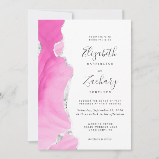 Invitation Mariage de code QR moderne Pink Silver Agate (Devant)