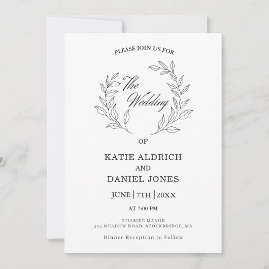 Invitation Mariage de code QR noir blanc Feuille élégant (Devant)