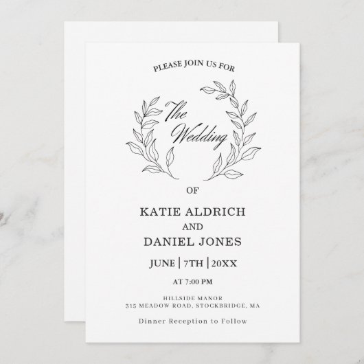 Invitation Mariage de code QR noir blanc Feuille élégant (Devant / Derrière)