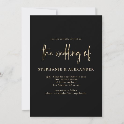 Invitation Mariage de code QR noir de script or moderne (Devant)