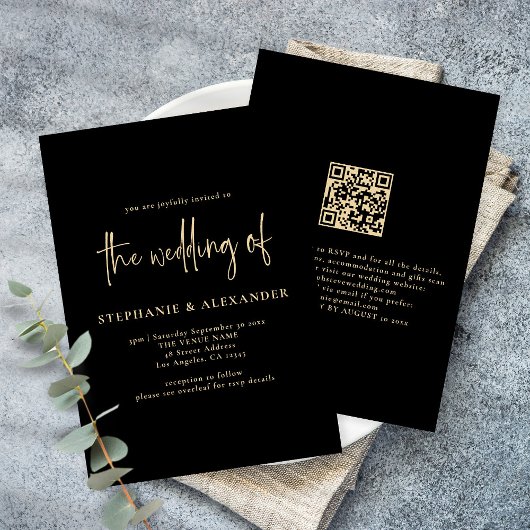 Invitation Mariage de code QR noir de script or moderne