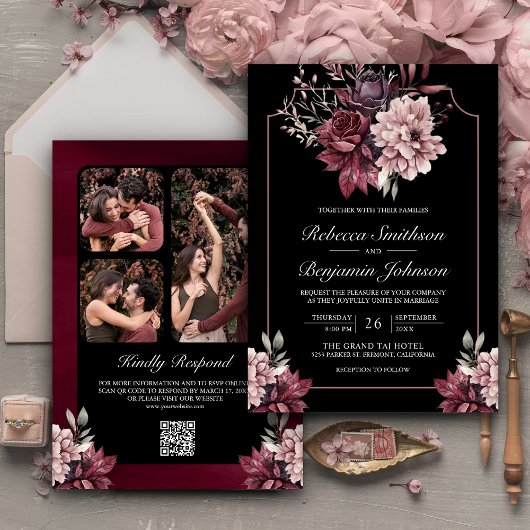 Invitation Mariage de code QR noir Moody Floral Frame noir