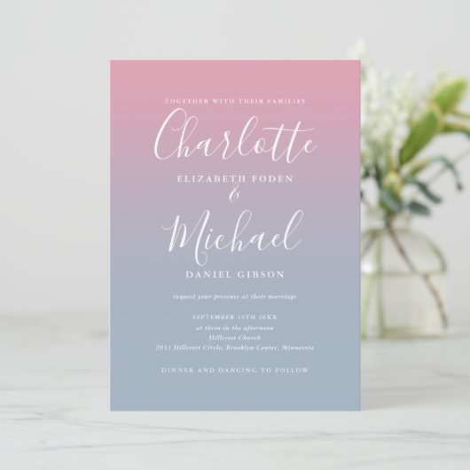 Invitation Mariage de code QR Ombre bleu rose et poussiéreux (Debout devant)