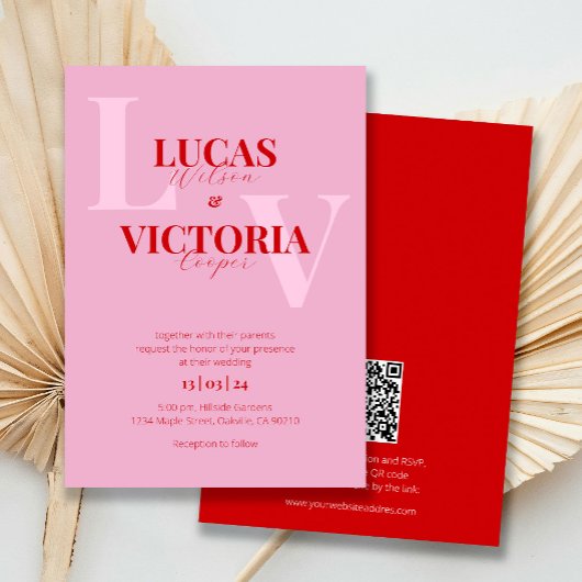 Invitation Mariage de code QR rose et rouge gras