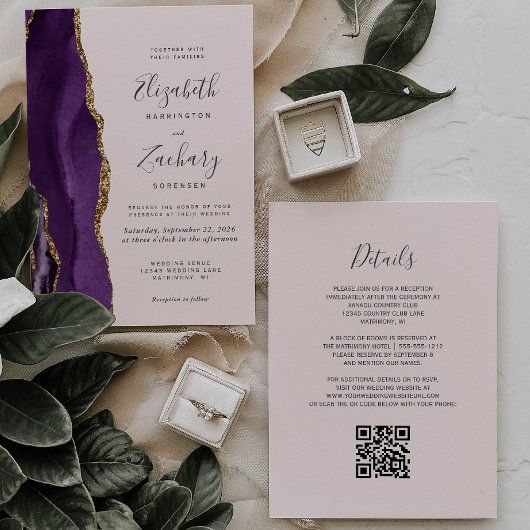 Invitation Mariage de code QR rose vierge violet Gold Agate