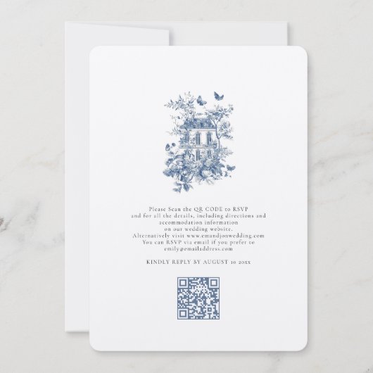 Invitation Mariage de code QR Rustique Blue Toile De Jouy (Dos)