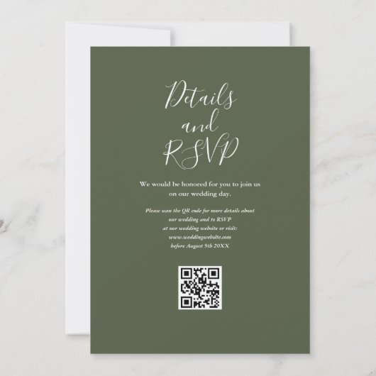 Invitation Mariage de code QR Rustique vert olive (Dos)