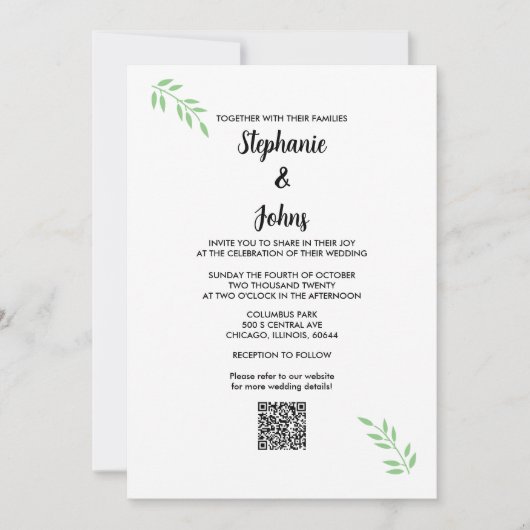 Invitation Mariage de code QR Sage Green Leaf (Devant)