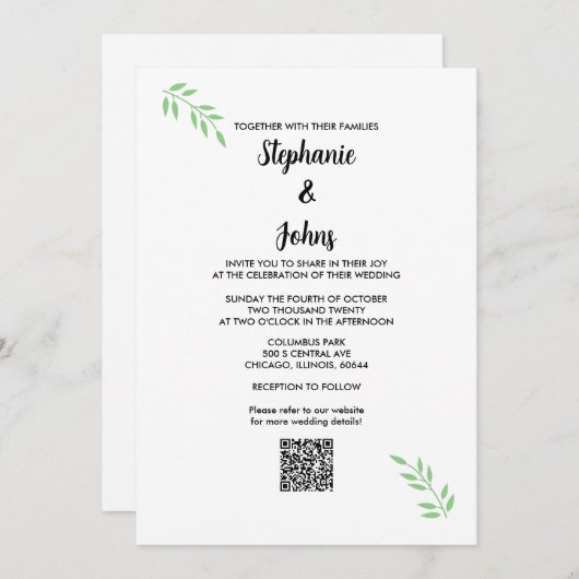 Invitation Mariage de code QR Sage Green Leaf (Devant / Derrière)