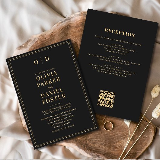 Invitation Mariage de code QR tout en or noir