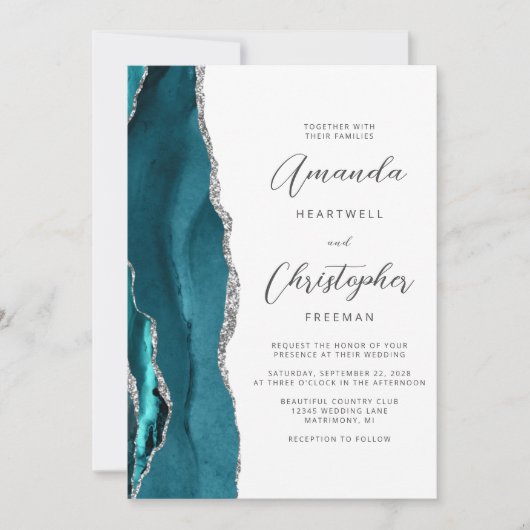Invitation Mariage de code QR turquoise Blue Silver Agate (Devant)