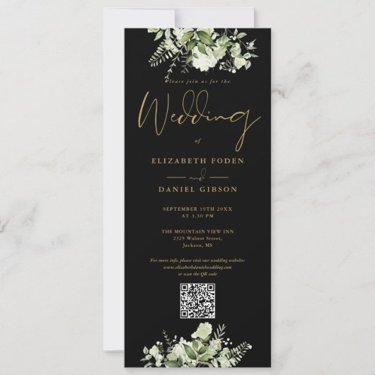 Invitation Mariage de code QR vert Floral Noir et Or (Devant)