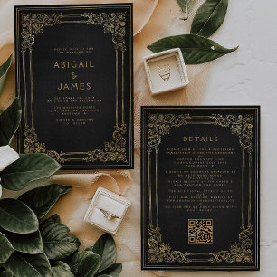 Invitation Mariage de code QR vintage Frame Black Gold