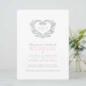 Invitation Mariage de coeur argenté rose et blanc (Debout devant)