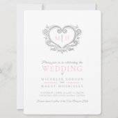 Invitation Mariage de coeur argenté rose et blanc (Devant)