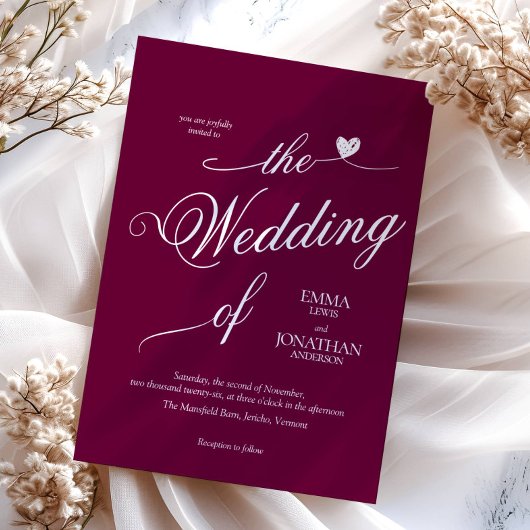 Invitation Mariage de coeur bourguignon moderne et tendance