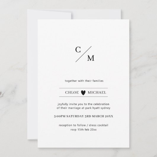 Invitation Mariage de coeur d'amour initial moderne et minima (Devant)