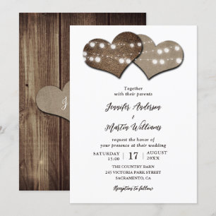 Invitation Mariage de coeur de Burlap en bois rustique