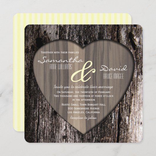 Invitation Mariage de coeur d'écorce rustique en bois (Devant / Derrière)