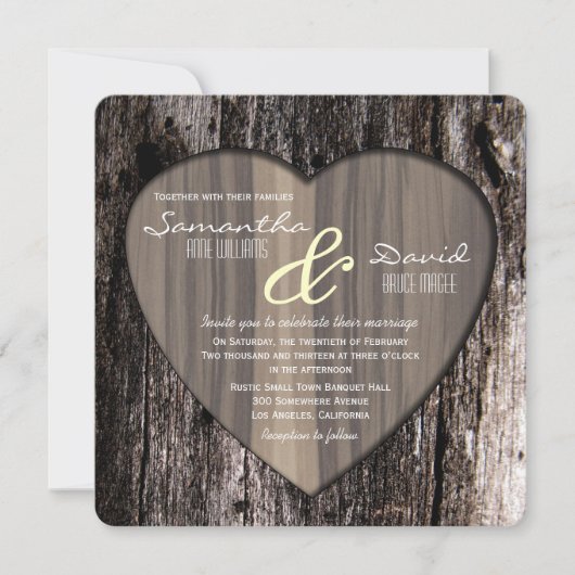 Invitation Mariage de coeur d'écorce rustique en bois (Devant)
