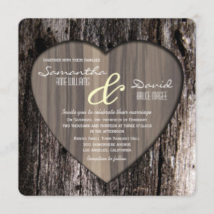 Invitation Mariage de coeur d'écorce rustique en bois