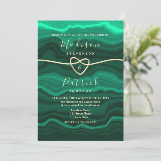 Invitation Mariage de coeur en marbre vert d'Emerald (Debout devant)