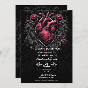 Invitation Mariage de coeur gothique noir et rouge