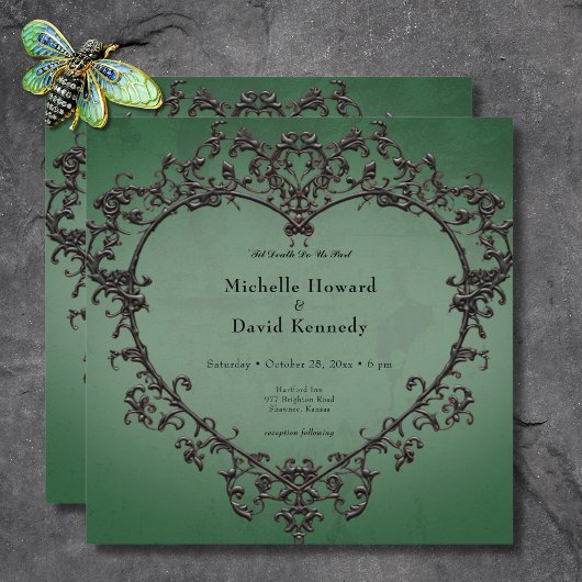 Invitation Mariage de coeur gothique noir et vert en fibre