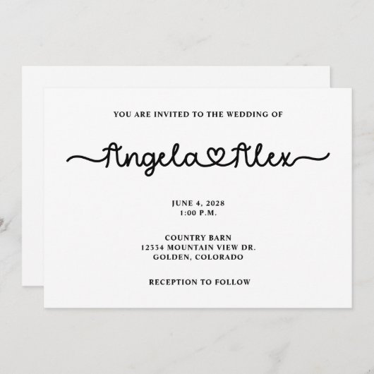 Invitation Mariage de coeur mignon (Devant / Derrière)