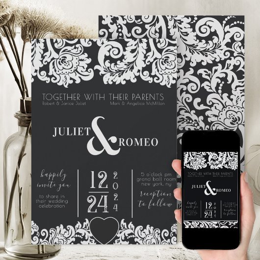 Invitation Mariage de coeur moderne noir et blanc Floral Dama