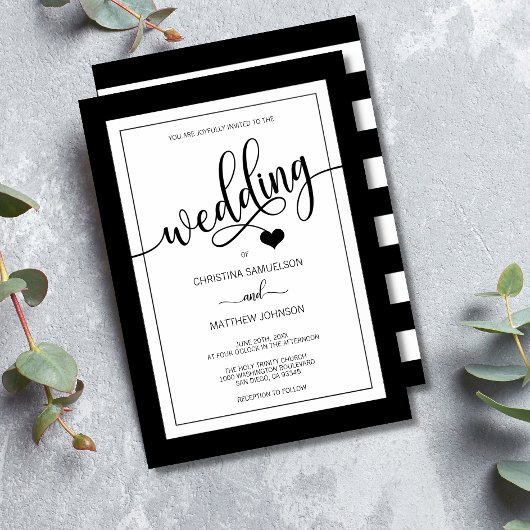 Invitation Mariage de coeur noir et blanc classique